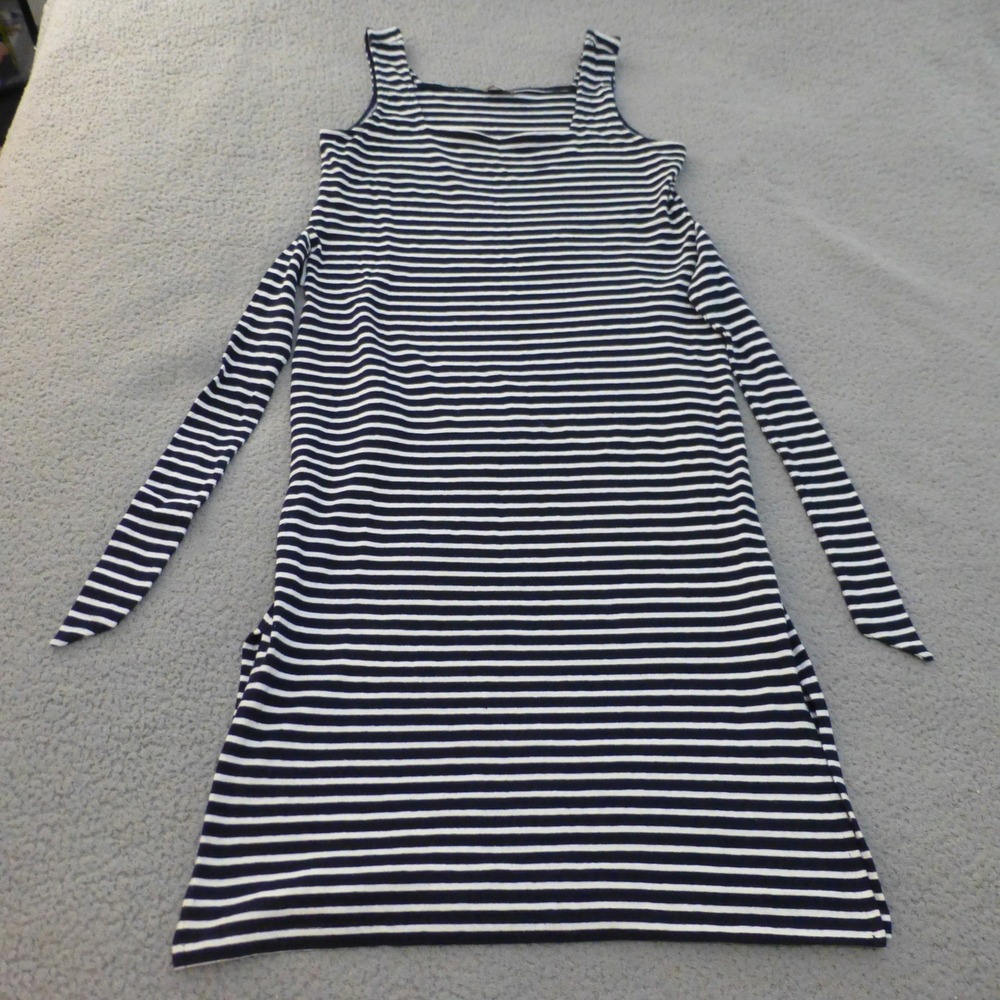 Loft Midi Dress Womens Large Navy Blue White Striped Sleeveless Tie Waist